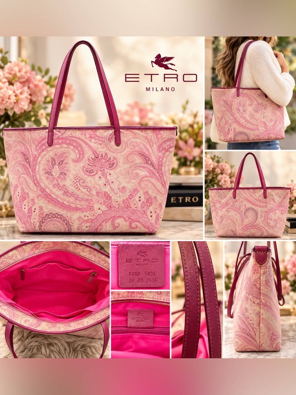 Etro Pink Paisley Tote with Burgundy Handles